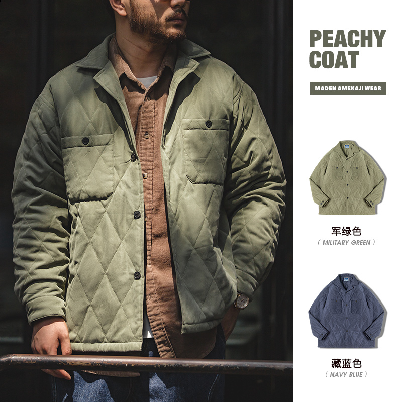 马登工装桃皮绒古巴领单排扣衣服