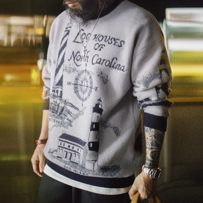 马登工装美式灰色圆领套头毛衣软糯保暖加厚慵懒风宽松外套男秋冬