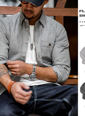 马登工装 美式休闲法兰绒全棉衬衫灰色商务通勤磨毛长袖衬衣男秋