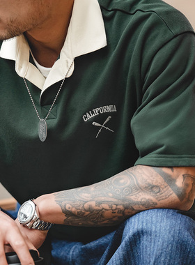 美式复古撞色POLO衫墨绿色短袖重磅网球翻领半袖T恤男夏