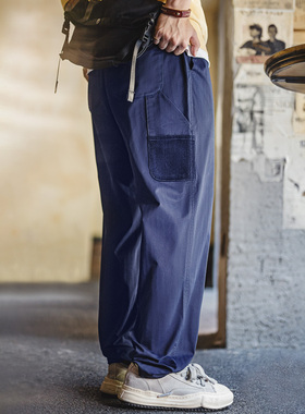 马登工装美式复古蓝色伐木裤直筒微锥松紧腰人字纹休闲长裤子男春