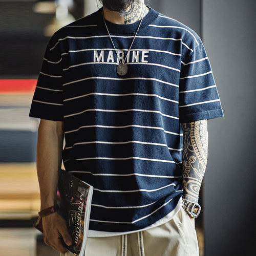 马登工装美式复古撞色条纹T恤