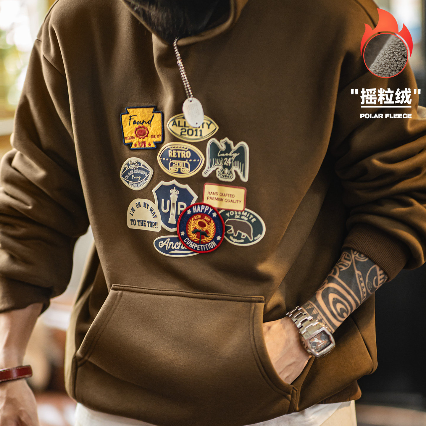 马登工装美式棕色徽章刺绣连帽卫衣加绒针织美拉德宽松外套男秋冬,男装,卫衣,淘宝优惠券,粉丝福利购,淘宝优惠卷