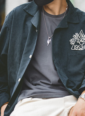 马登工装美式复古墨绿衬衫桃皮绒磨毛刺绣宽松翻领衬衣保龄球男潮