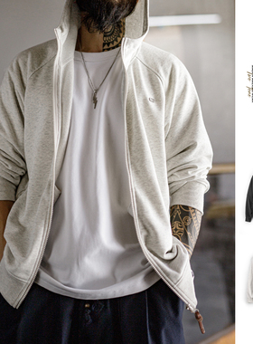 马登工装美式休闲灰色连帽卫衣宽松插肩袖开衫松弛长袖外套男款春