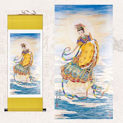 湄洲妈祖神像画像挂画天后娘娘天上圣母结缘海神林默娘丝绸卷轴画