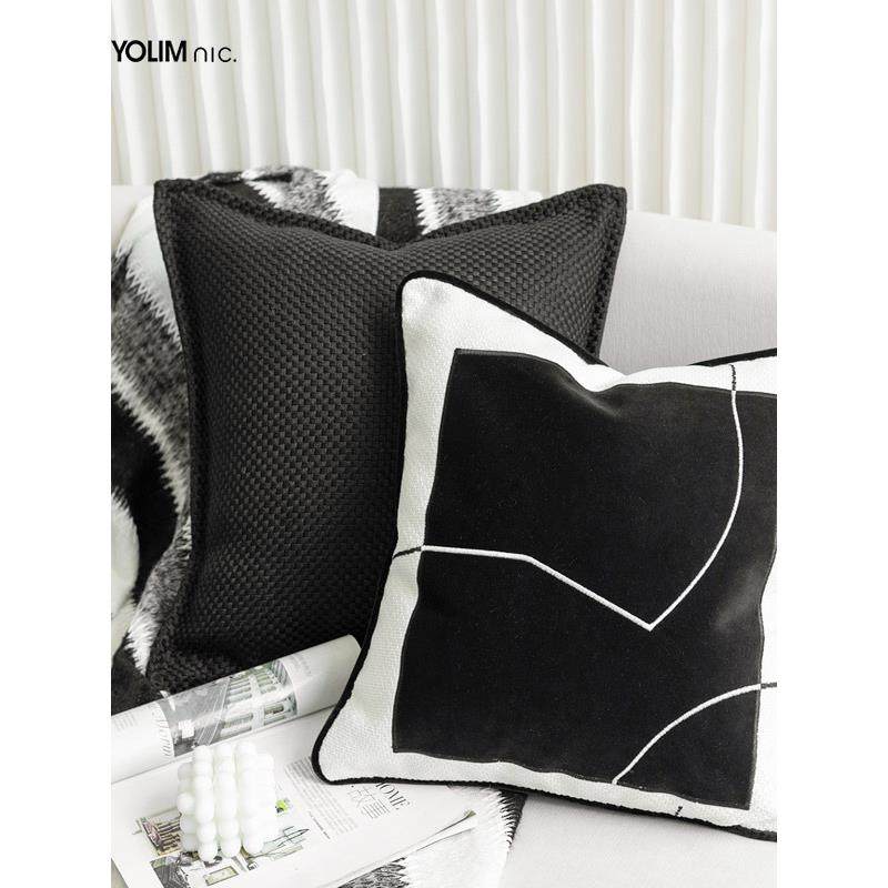 设计师推荐黑白抱枕沙发靠垫棉麻编织皮革简约现代靠枕样板间靠