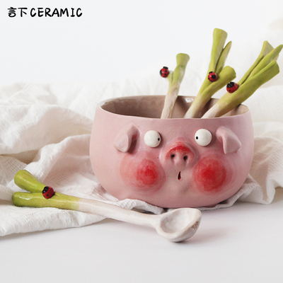 言下餐饮具陶瓷勺子大葱蒜苗瓢虫釉下彩安全咖啡搅拌勺景德镇手工