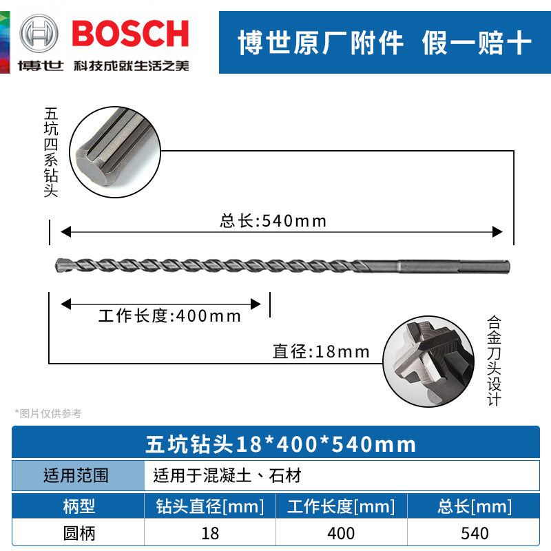 博世五坑4系电锤钻头18*400*540mm四刃圆柄冲击钻头可钻墙混凝土