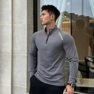 T恤 显型健身高弹打底长袖 秋冬软壳克隆棉半门襟修身 休闲时尚