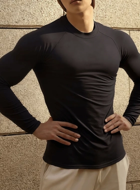 春秋修身显壮薄款男士肌肉健身长袖休闲户外运动弹力透气内搭T恤