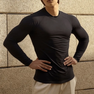 肌肉健身长袖 男士 休闲户外运动弹力透气内搭T恤 显壮薄款 春秋修身