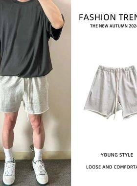 灰色毛圈美式短裤跑步健身不过膝四分裤男夏季纯色休闲卷边篮球裤