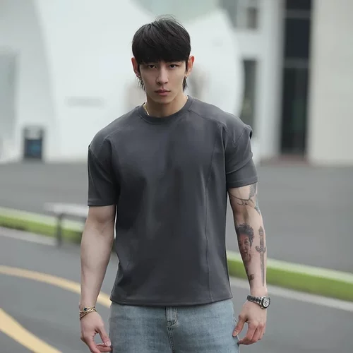 夏季新款解构拼接短袖健身运动休闲t恤圆领boxy垫肩硬挺收袖口T