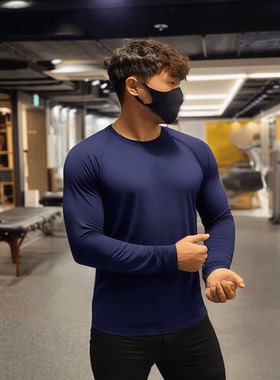 美式春秋插肩弹力速干圆领修身纯色长T恤训练吸汗透气健身长袖男