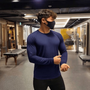 男 纯色长T恤训练吸汗透气健身长袖 美式 春秋插肩弹力速干圆领修身