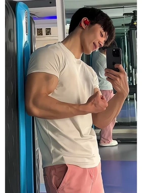 纯黑色紧袖口t恤男显肌肉健身运动撸铁跑步短袖夏季修身内搭打底