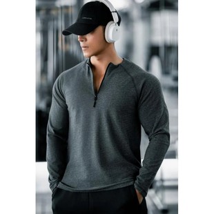 运动显大训练服跑步 男拉链T恤健身修身 秋冬美式 德绒保暖高弹长袖