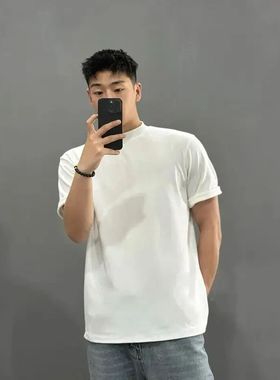 黑色夏季重磅T恤男款夏季美式复古小领口短袖cleanfit基础款体恤