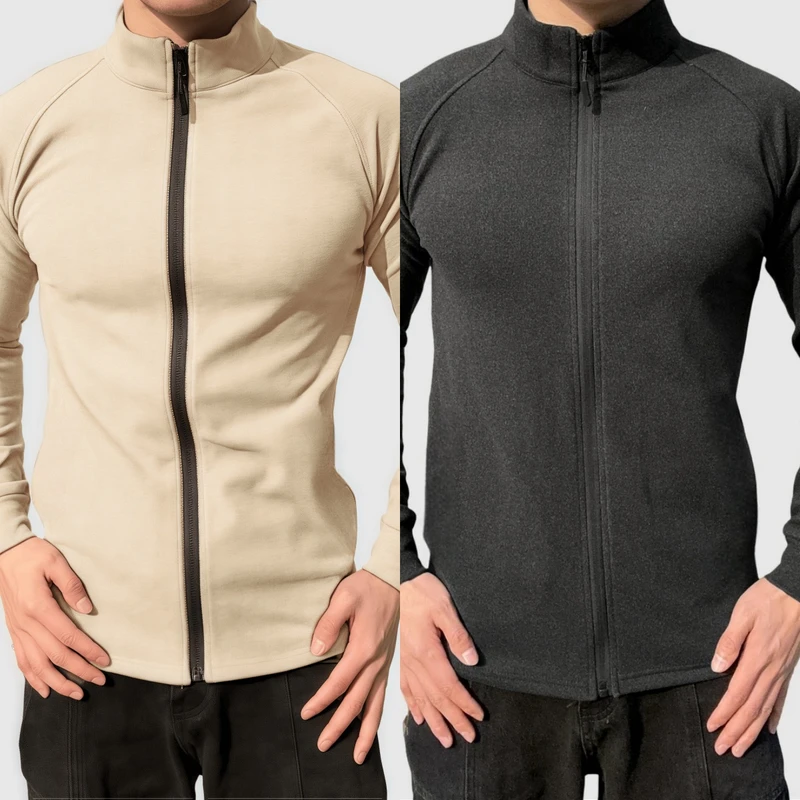 秋冬重磅加厚保暖双面德绒弹力健身服装修身长袖打底全拉链男