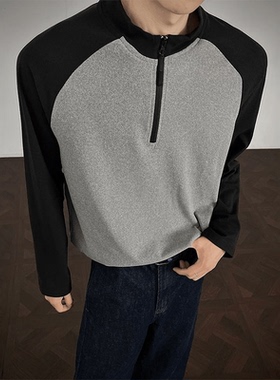 插肩袖德绒撞色拼接立领运动健身宽松长袖T恤男上衣弹性T恤男装
