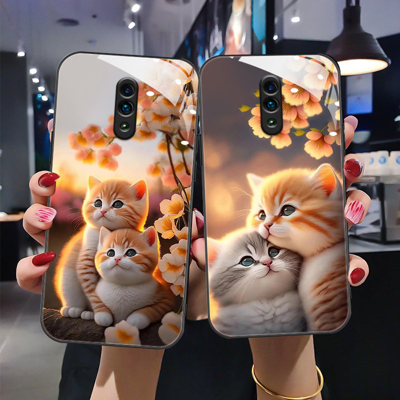 时尚卡通猫咪钢化玻璃手机壳