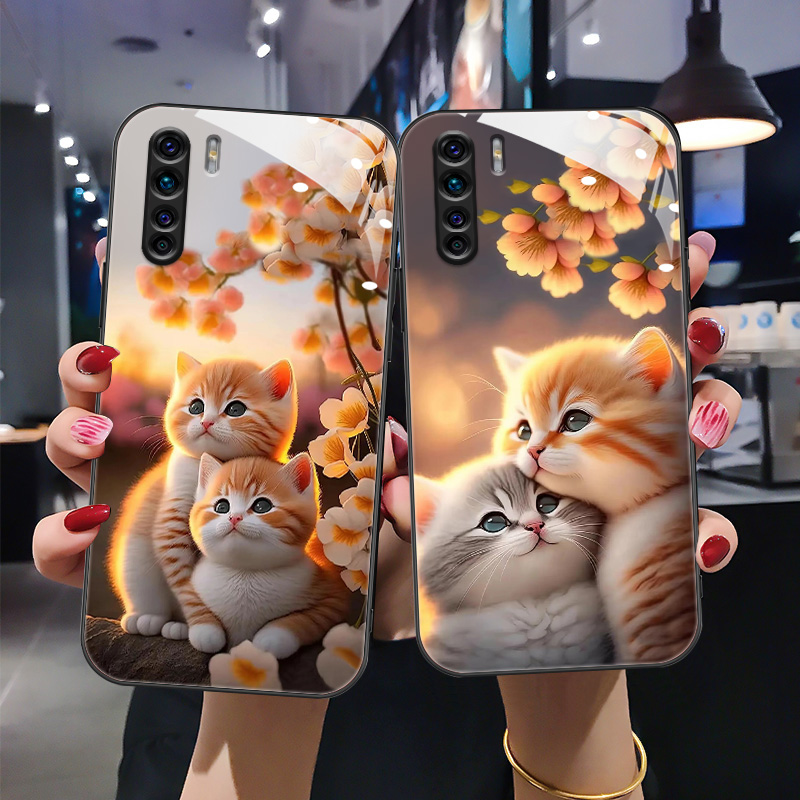时尚卡通猫咪钢化玻璃手机壳