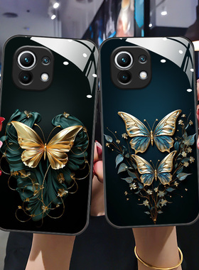 适用于小米11手机壳mi11青春版/11pro新款M2101K9C玻璃壳mi11ultra高级感M2011K2C蝶恋花M2102K1AC个性女款潮