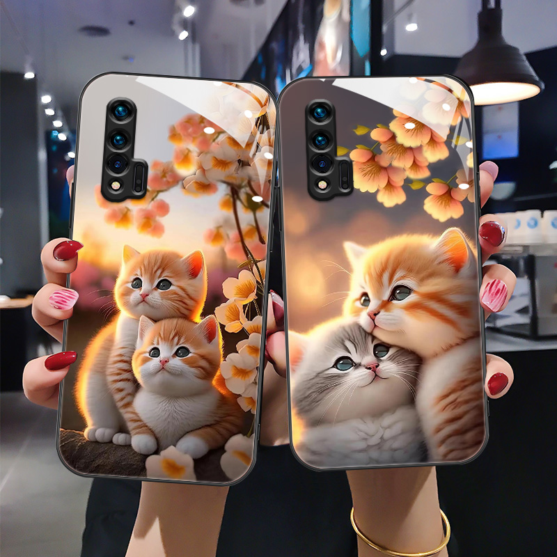 创意猫咪图案钢护玻璃手机壳