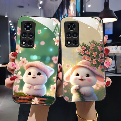 适用于荣耀x40手机壳honorv40新款保护套YOK-AN10钢化玻璃huawei时尚女DIO-AN00创意兔华为v4o情侣honorx40潮