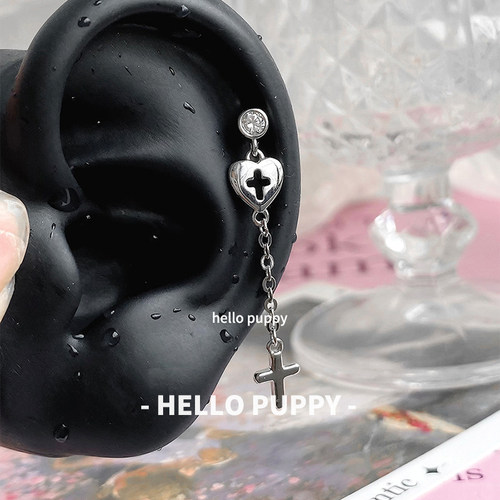 hellopuppy超重工爱心镂空十字架链条耳骨钉小众设计y2k耳钉甜酷