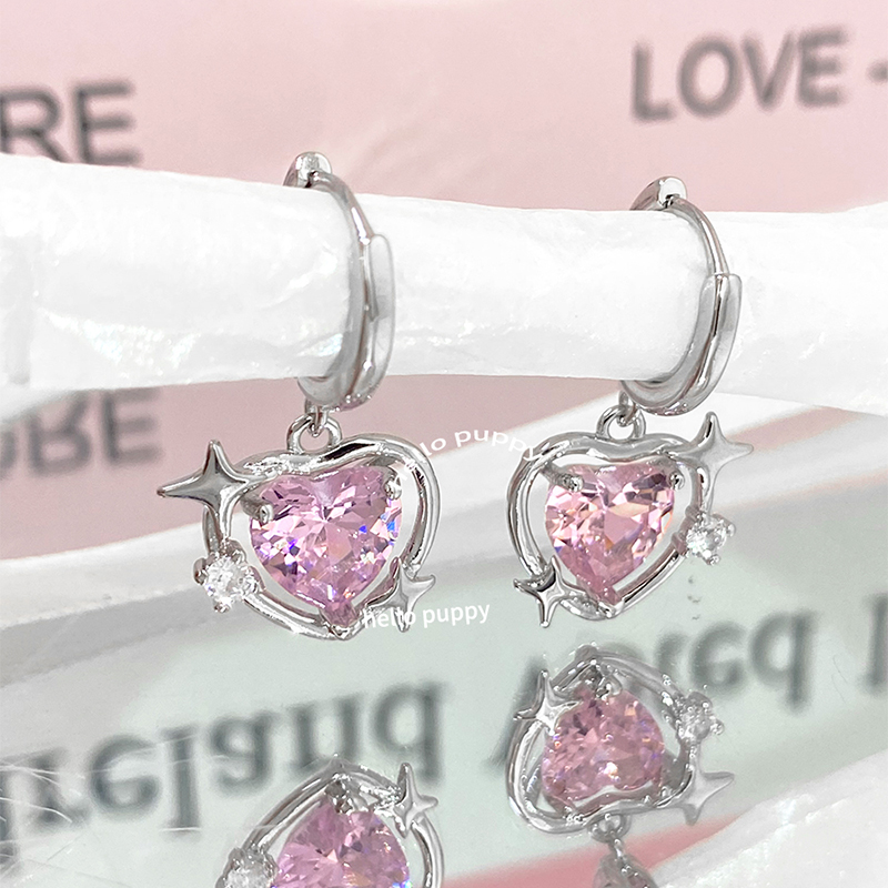 hellopuppy甜酷设计感爱心耳扣精致粉色锆石小众甜美系耳环少女