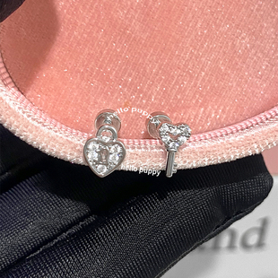 hellopuppy不对称爱心满钻钥匙耳钉钛钢锁扣叠戴双耳洞甜酷y2k女