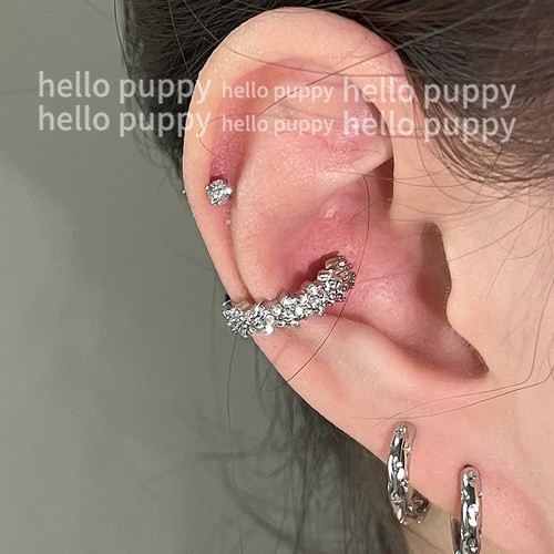 hellopuppy爆闪繁花耳蜗圈环耳扣镶钻双耳洞叠戴耳钉小众设计感女