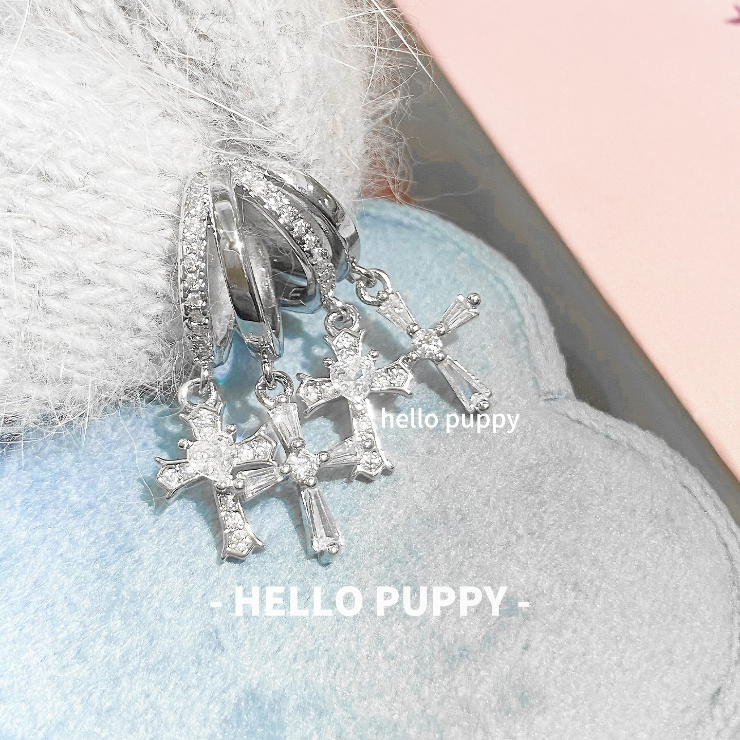 hellopuppy闪闪双层十字架吊坠直针耳扣气质耳圈设计感耳饰耳环女