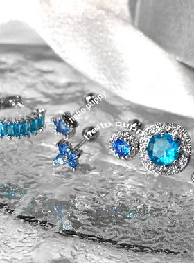 hello puppy 海洋之心水蓝色锆石六件套耳蜗钉耳骨钉S925爱心蝴蝶