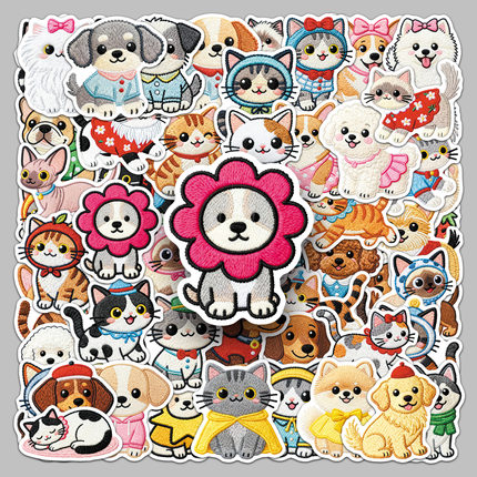 56张刺绣卡通猫狗创意个性趣味装饰涂鸦贴纸冰箱桌面耳机贴纸批发