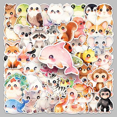 50张大眼卡通动物贴纸可爱萌宠童趣防水音箱耳机桌面水杯手账贴纸