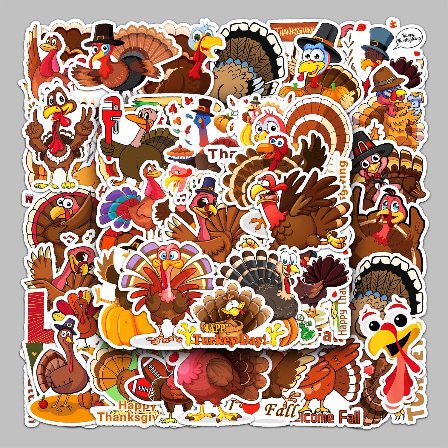 50张火鸡卡通动物儿童贴纸感恩节手账本手机水杯咕卡防水派对装饰