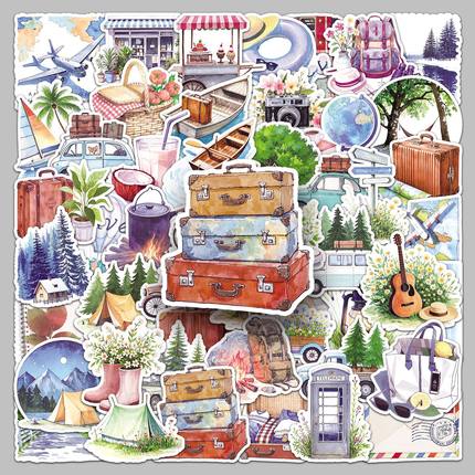 50张露营旅行贴纸森系精美INS风水彩卡通笔记本手机行李箱手账DIY