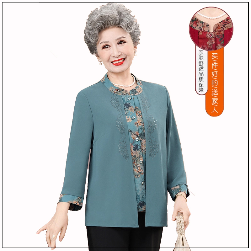 老年人春装女奶奶长袖假两件衬衫