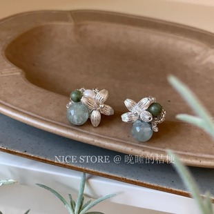 晚睡 复古花球天然石耳钉冷淡小众百搭耳饰 桔梗「春日鸢」新中式