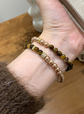 晚睡的桔梗「裹金」复古珍珠虎石手链古法吸金财富转运手串手饰女