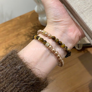 晚睡的桔梗「裹金」复古珍珠虎石手链古法吸金财富转运手串手饰女