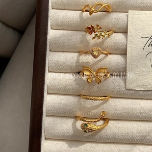 晚睡的桔梗「巳巳如意」沙金戒指生肖蛇年本命年叠戴食指戒套组