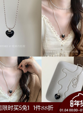 晚睡的桔梗「白夜巡游」韩系黑丝爱心字母项链luck米粒毛衣T恤链