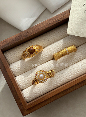 晚睡的桔梗「奥斯陆」复古沙金虎眼石拉丝戒指高级小众叠戴食指戒