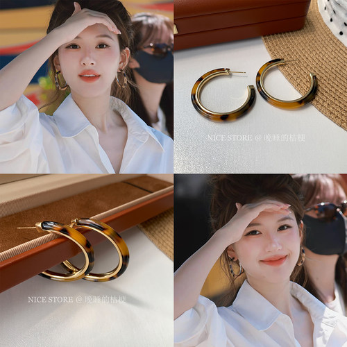 晚睡的桔梗「港湾」赵露思同款豹纹耳圈素圈耳环高级感圈圈耳饰女