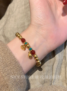 晚睡的桔梗「蓬锦」古法沙金玛瑙精致复古手链新中式轻奢手串手饰