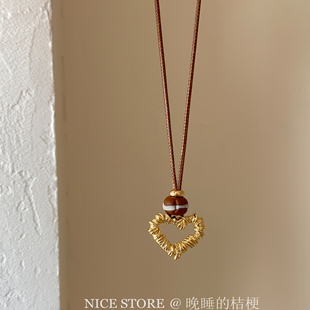 晚睡的桔梗「灵溪」日韩ins爱心编绳毛衣链镂空吊坠高级毛衣链女